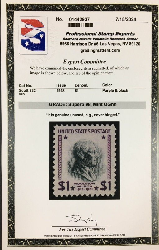 MOMEN: US STAMPS #832 MINT OG NH PSE GRADED CERT SUP-98 LOT #91704