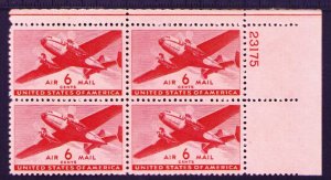 US 6¢ Stamp  #C25 Air Mail 1941 MNH Plate Block