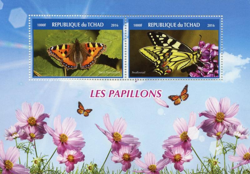 Chad Butterflies Stamps 2016 MNH Tortoiseshell Swallowtail Butterfly 2v M/S