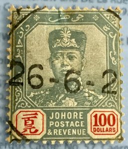 MALAYA JOHOR 1904-10 Sultan Sir Ibrahim $100 Used wmk W27 Rosette SG#77 M3134