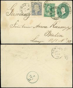 1888 NEW HAVEN CT Cds, Transatlantic Cover to BERLIN GERMANY, SC #212 #213 U311