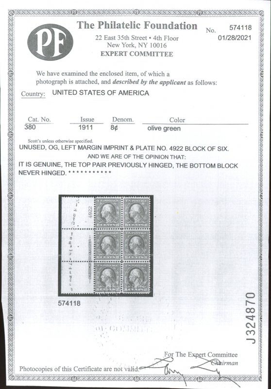 U.S. #380 MINT WITH PF CERT(COPY) OG HR