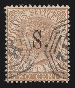 MALAYA - SELANGOR 1882 'S' on QV Straits 2c brown. RARE! with CERTIFICATE.