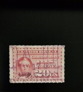 1887 20c U.S.A. Custom House Fee Stamp, N.Y., Dull Rose, Wright Scott RL1 Used