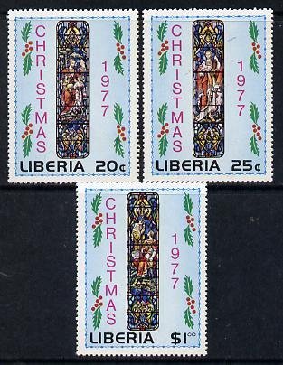 LIBERIA - 1977 - Christmas, Stained Glass Windows -Perf 3v Set-Mint Never Hinged