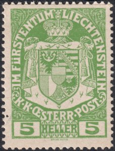 Liechtenstein #5  Unused MOG - Coat of Arms (1917)