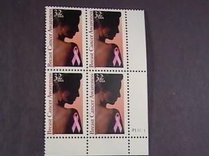 U.S.# 3081-MINT/NH--PLATE # BLOCK OF 4--BREAST CANCER AWARENESS--1996 #2