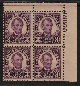 Cottonfield Stamps: U.S. 672  3c Nebraska O.P.  Plate Block M, og, LH (cv$260.)