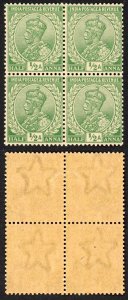 India SG155 1/2a Green Wmk Single Star (Brown gum) Block 2 x U/M