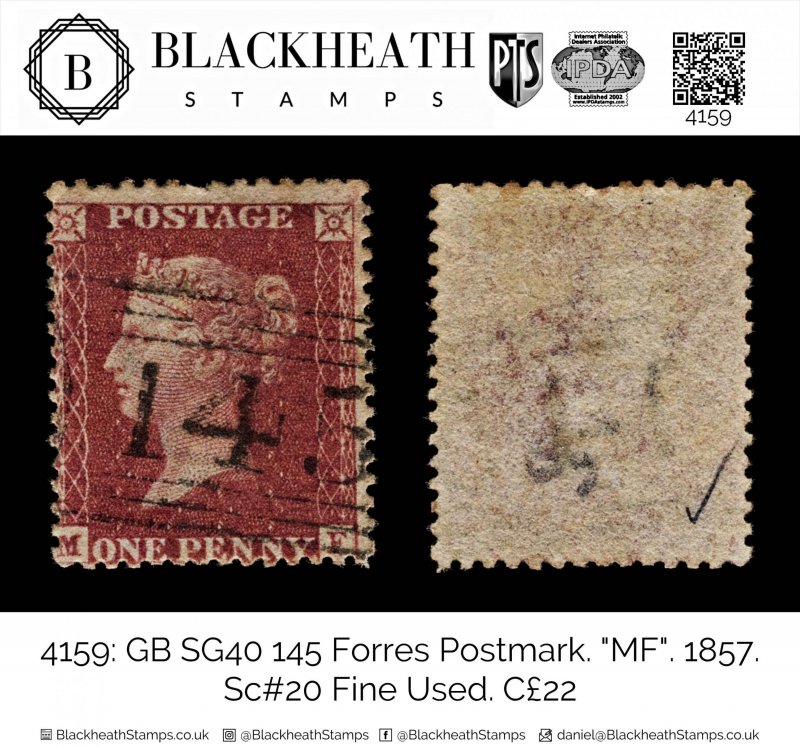 4159: GB SG40 145 Forres Postmark. MF. 1857. Sc#20 Fine Used. C£22