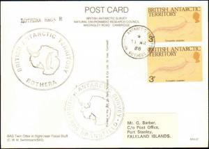 1988 BRITISH ANTARCTIC TERRITORY MULTI ANTARCTIC CACHET ON POSTCARD TO FALKLAND