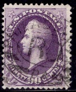 US Stamp #218 90c Purple Perry USED SCV $225. Crazy Color, Fresh Paper.