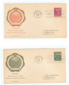 US 808/809 1938 4c Madison + 4.5 White House (both part of the Presidential/Prexy definitive series) on two addressed first day