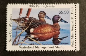 1986 PENNSYLVANIA Waterfowl Duck Bird Stamp MNH Mint OG Unused Z-181