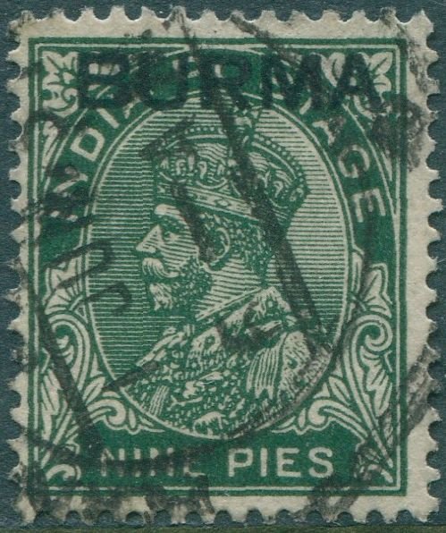 Burma 1937 SG3 9p green KGV with BURMA ovpt FU