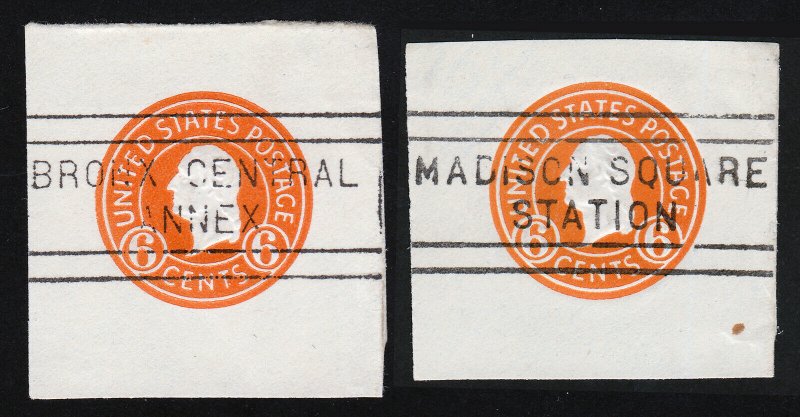 SCOTT #U529 - 6C ORANGE WASHINGTON CUT SQUARES USED NYC CANCELS (LOT OF 2) 1932