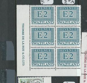 SWAZILAND (P1907B) MODERN REVENUE E2   DE LA RUE IMPRINT BL OF 6  MNH