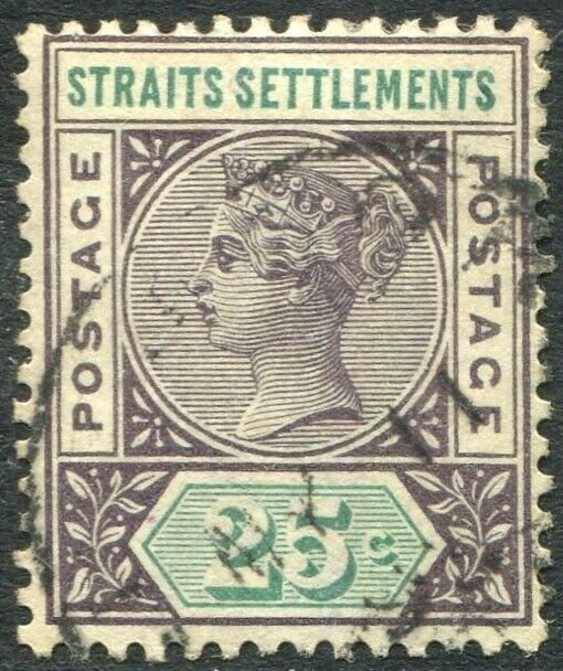 STRAITS SETTLEMENTS-1892-99 25c Purple-Brown & Green Sg 103 FINE USED V50178