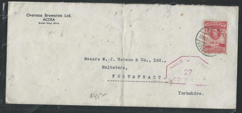 GOLD COAST (P2805B) KGVI 1941 OVERSEAS BREWERIES ACCRA, CENSOR 27 TO ENGLAND