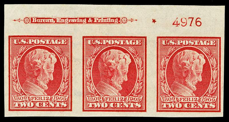 Scott 368 1909 2c Lincoln Imperforate Mint Plate# Strip of 3 VF OG LH Cat $37.50