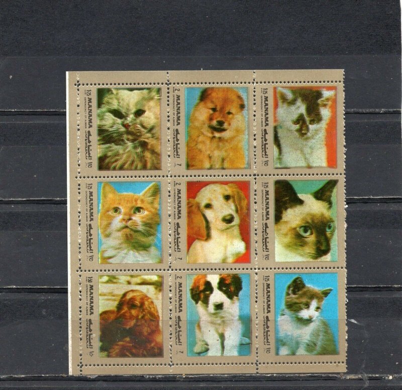 MANAMA 1972 DOGS & CATS SHEET OF 9 STAMPS MNH