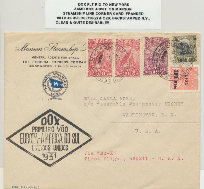 BRAZIL 1931 DOX FIRST FLT TO NEW YORK AAMC#10f, MUNSON LINE COVER(SEE BELO