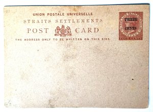 Malaya 1884 UPU Straits Settlements QV Post Card THREE CENTS on 4c Unused ISC#P4