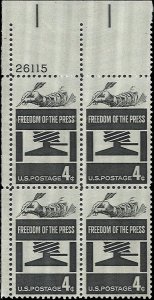 Scott # 1119 1958 4c gray blk  Symbols of a Free
Press  Plate Block - Upper L...