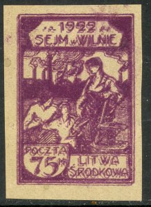 CENTRAL LITHUANIA 1921-22 75m PEACE & INDUSTRY DOUBLE IMPRESSION Sc 56 MNGAP