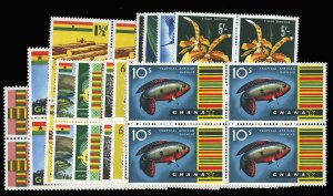 Ghana #48-60, C1-2 Cat$65.20, 1959 1/2p-10sh, complete set in blocks of four,...