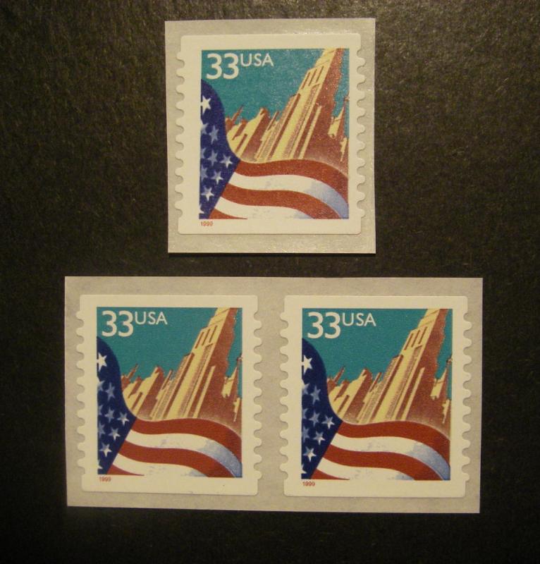 Scott 3282, 33 cent Flag over City, Pair & Single, MNH