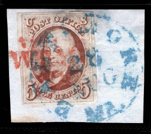 MOMEN: US STAMPS #1 RED WAY 5 + BLUE BALTIMORE MD 28 AUG IMPERF USED LOT #81003