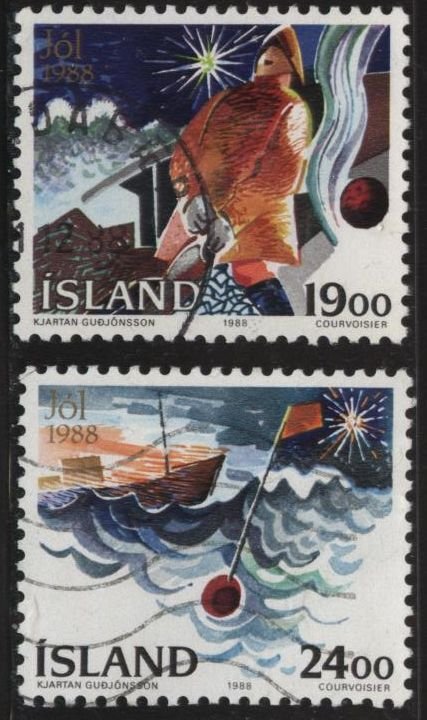 Iceland 669-670 (used) Christmas: fisherman, ship, buoy (1988)