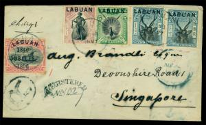 LABUAN 1897 Pictorials  Scott # 71-73(2), 76 on REGISTERED cover to Singapore