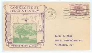 US 772 1935 3c Connecticut Tercentenary (Charter Oak) single on an addressed (typed) FDC with a Hubbard cachet