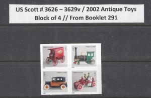 US Scott # 3626 - 29 / 3629b or v Antique Toys, SA Block of 4 from BK 291