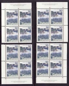 Canada id#12114-Sc#598iii-set of 4 plate blocks#1-50c Seashore-type II-NH-1974-