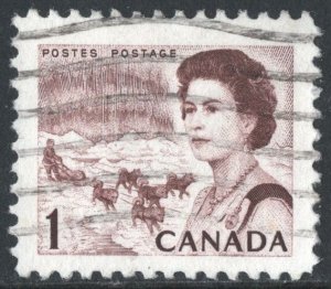 Canada SC#454 1¢ Queen Elizabeth II, Northern Lights, Dog Sled Team (1967) Used