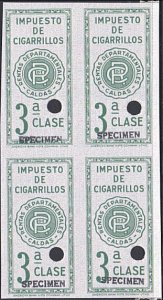 COLOMBIA 1910 Caldas Cigarette Tax 3a proof block of 4 opt SPECIMEN.........7904