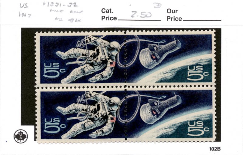 United States Postage Stamp, #1331-1332 Block MNH, 1967 Space Gemini (AD)