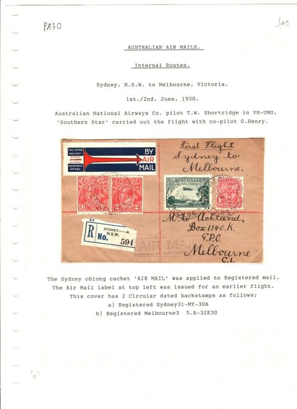 AUSTRALIA Air Mail First Flight Cover Sydney Melbourne 1930 {samwells} PA30