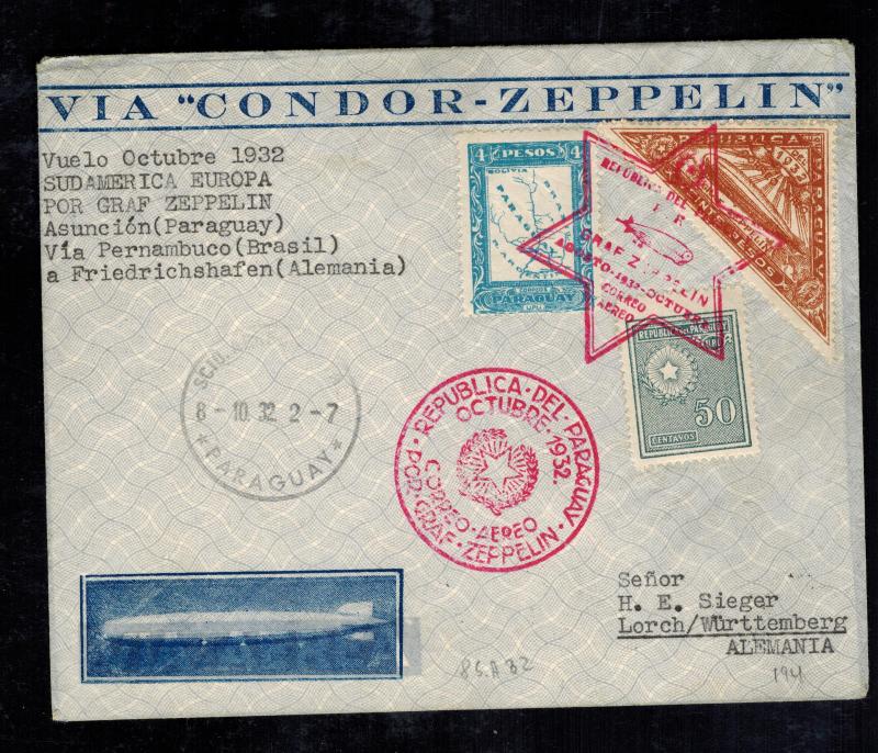 1932 Paraguay Graf Zeppelin Cover to Lorch Germany Sieger LZ 127 Star of David