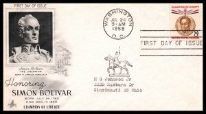 US 1111 Simon Bolivar Artcraft Typed FDC