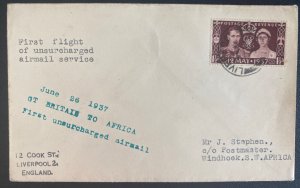 1937 England First Flight Airmail Cover To Windhoek South West Africa Imperial