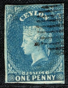 CEYLON QV Stamp Sg.2a 1d Blue (1857) VF/XF Used Perkins Bacon Cat £80+ BLBLUE42