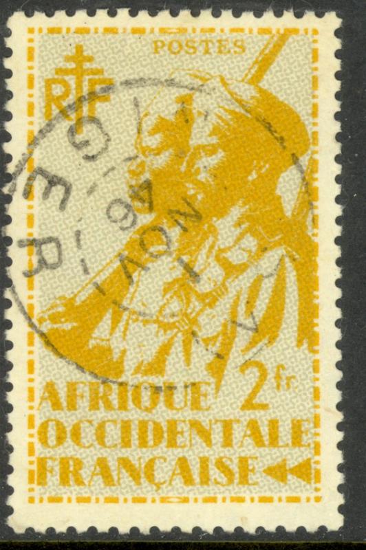 FRENCH WEST AFRICA 1945 2fr COLONIAL SOLDIER Issue Sc 27 VFU