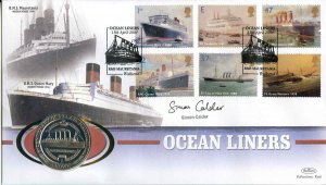 2004 Benham Ocean Liners Cover with Isle of Man 1 Crown signed by Simon Calder