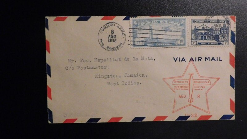 1932 Dominican Republic Airmail First Flight Cover FFC Santo Domingo to Kingston