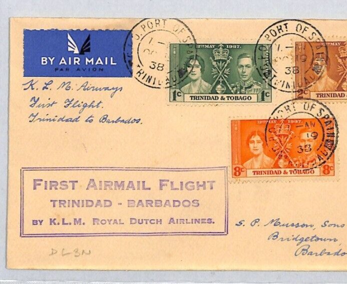 TRINIDAD & TOBAGO Air Mail 1938 KLM FIRST FLIGHT Barbados KGVI Coronation ZC152