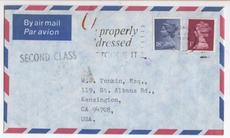 Great Britain Scott# MH23A  type 2, MH101  used on cover to U.S.A.